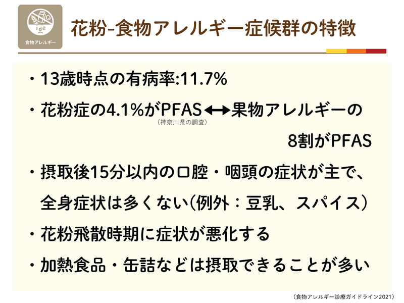 花粉-食物アレルギー症候群（PFAS）の特徴。13歳時点の有病率11.7%、摂取後15分以内の口腔・咽頭症状が主