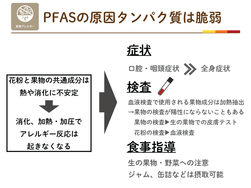 PFASの原因タンパク質は熱や消化に不安定。果物の検査は生の果物での皮膚テスト、食事指導は生の果物・野菜への注意